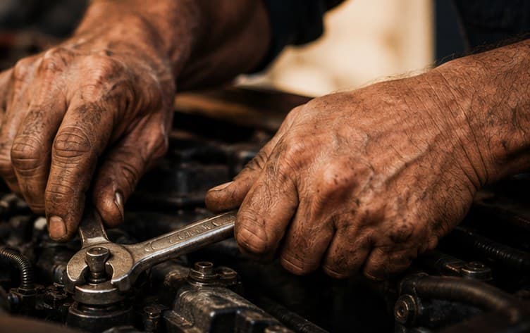 Ben's hands turning a wrench on an engine