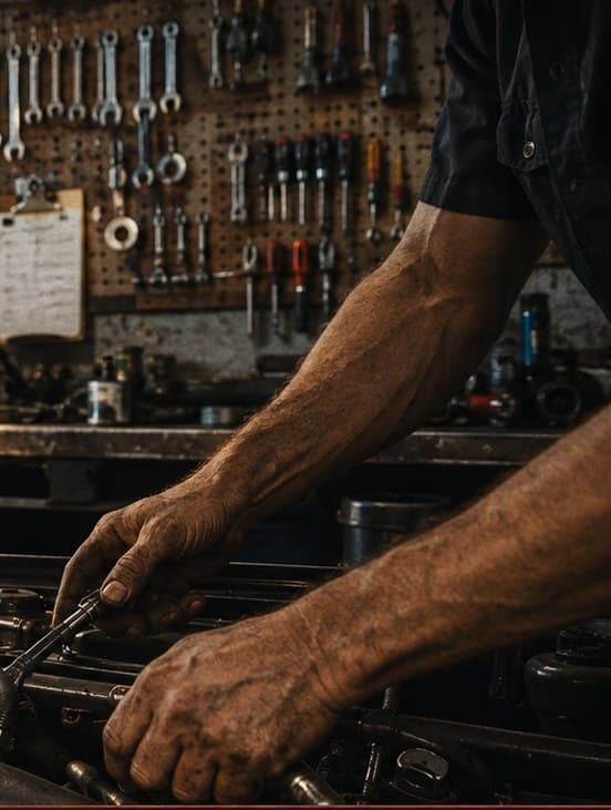 Inside Ben's garage — a mechanic working on an engine surrounded by a wall of hand tools
